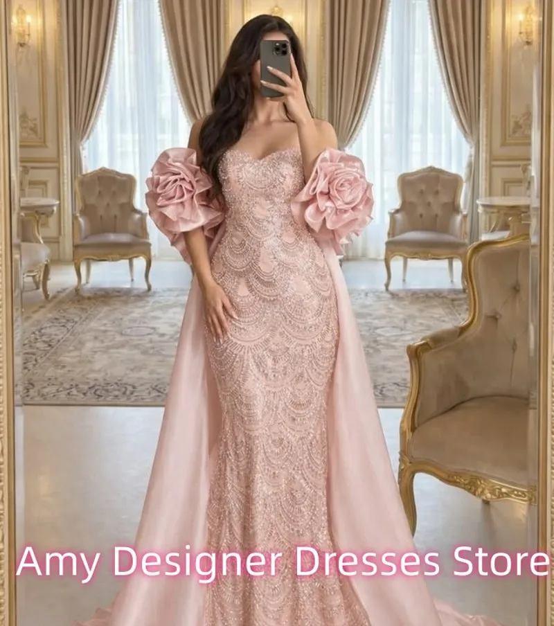 Rosa Abendkleider 2026 Lang Meerjungfrau-Stil Funkelnde Pailletten 3D-Blumen Elegantes Ballkleid Partykleider Afrikanische Damen Maßanfertigung