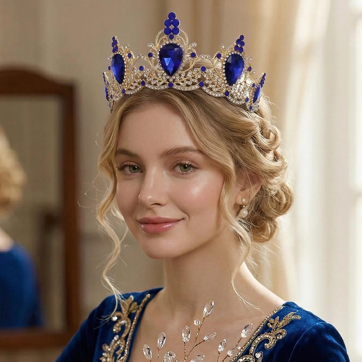 Königliche Saphirblaue Kristallkrone für Frauen Luxuriöse Goldlegierung Tiara mit Tiefblauen Strass-Steinen Braut-Haaraccessoires Image