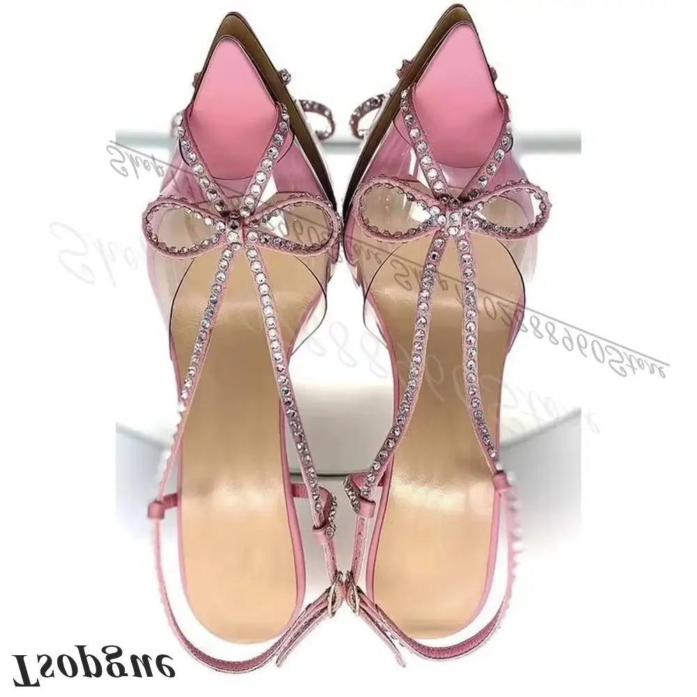 Slingback-Sandalen mit Kristallriemen, transparentem PVC und Schleife, dünner hoher Absatz, spitze Schuhe für Damen, Rückenriemen, Peep-Toe, elegante Sandalen