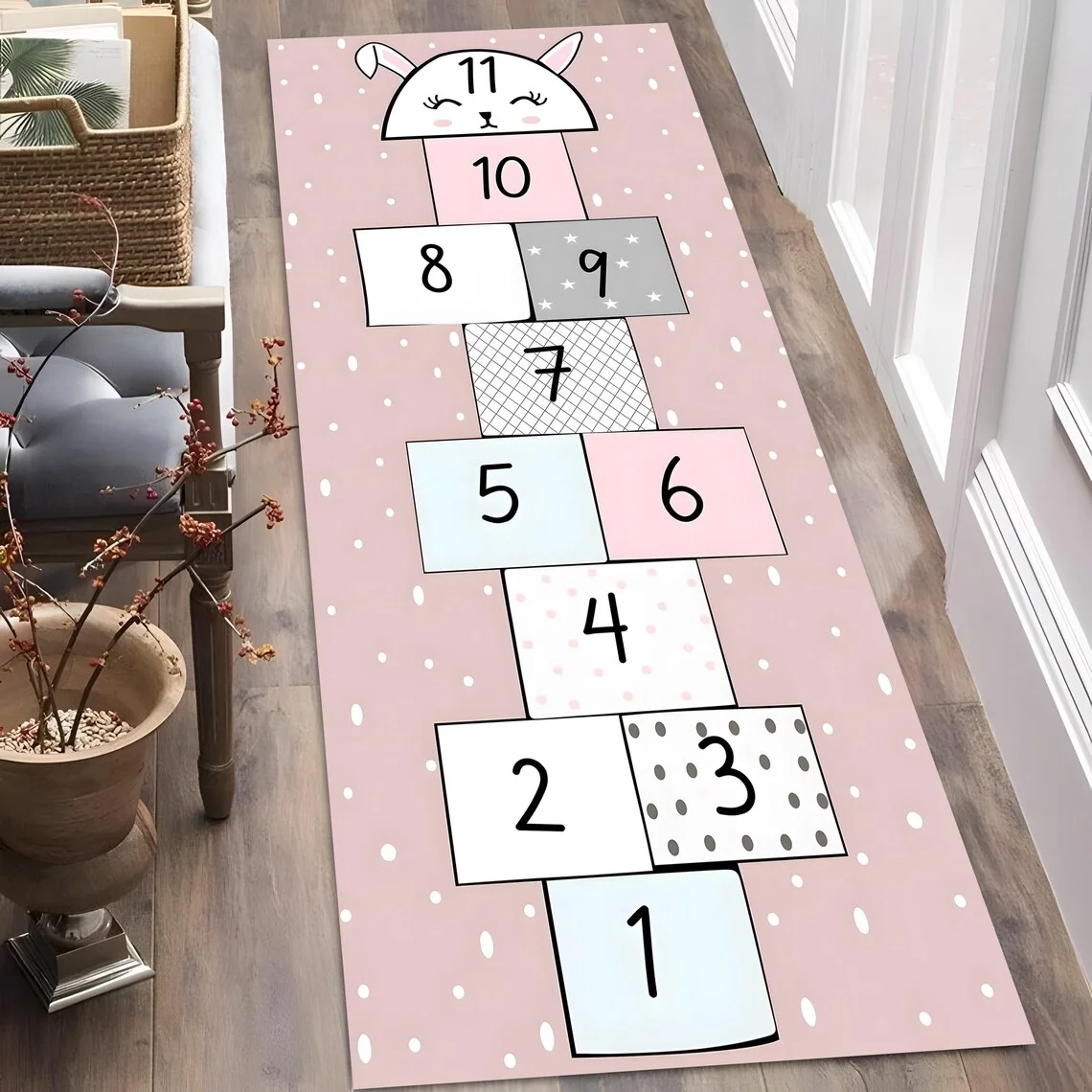Kinder-Hüpfspiel-Teppich Niedlicher Häschen-Zahlen-Spielteppich Rutschfester Willkommens-Teppich für Kinderzimmer Spielzimmer Kinderzimmer-Teppich