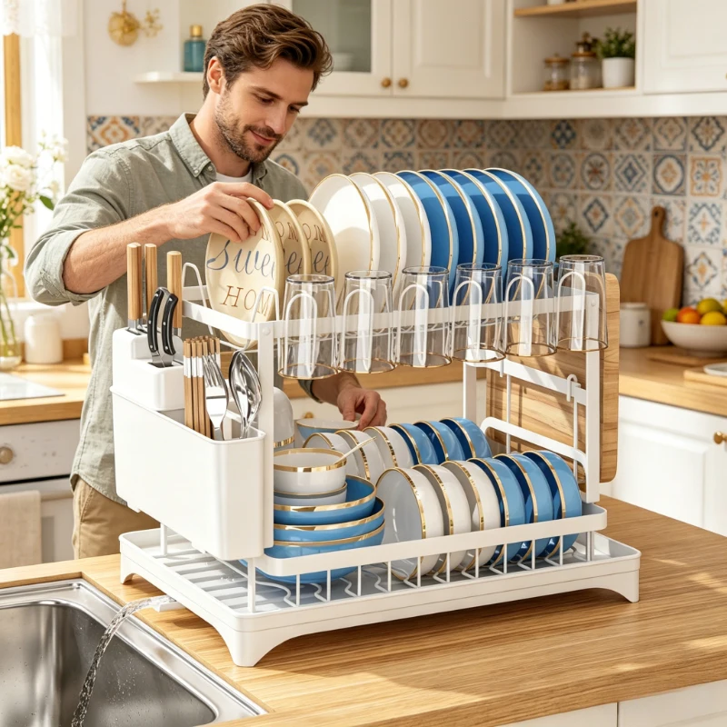Multifunktionales Rostfreies 2-stöckiges Geschirr-Abtropfgestell mit Abtropfbrett, Platzsparender Küchenorganizer mit Besteck- und Tassenhalter Image