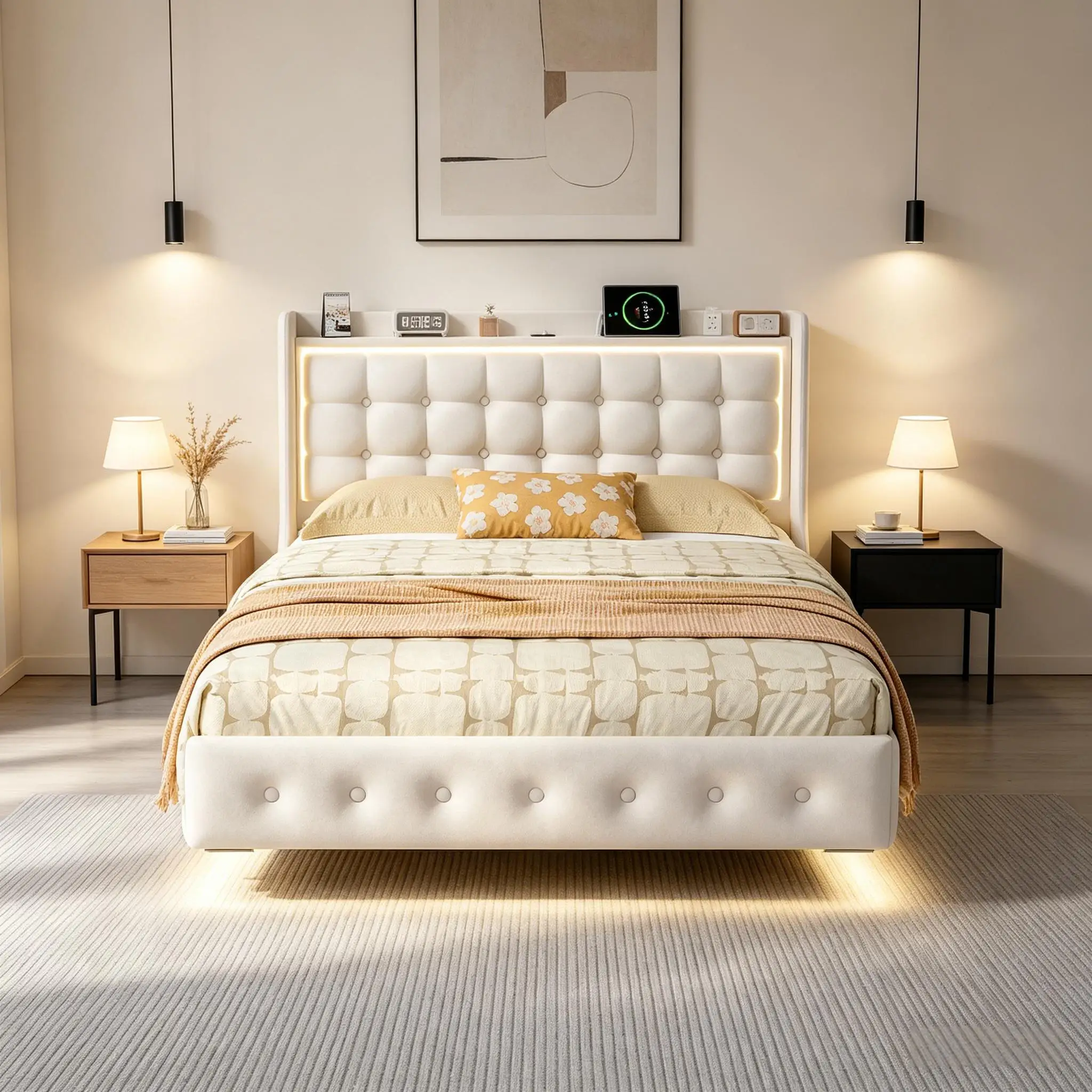 Polsterbett 160x200 cm Schwebebett, Bett mit LED Beleuchtung und USB, Modern Doppelbett Bettgestell mit Lattenrost, Schwebender visueller Effekt, Samt, Weiß, Ohne Matratze, Weiß