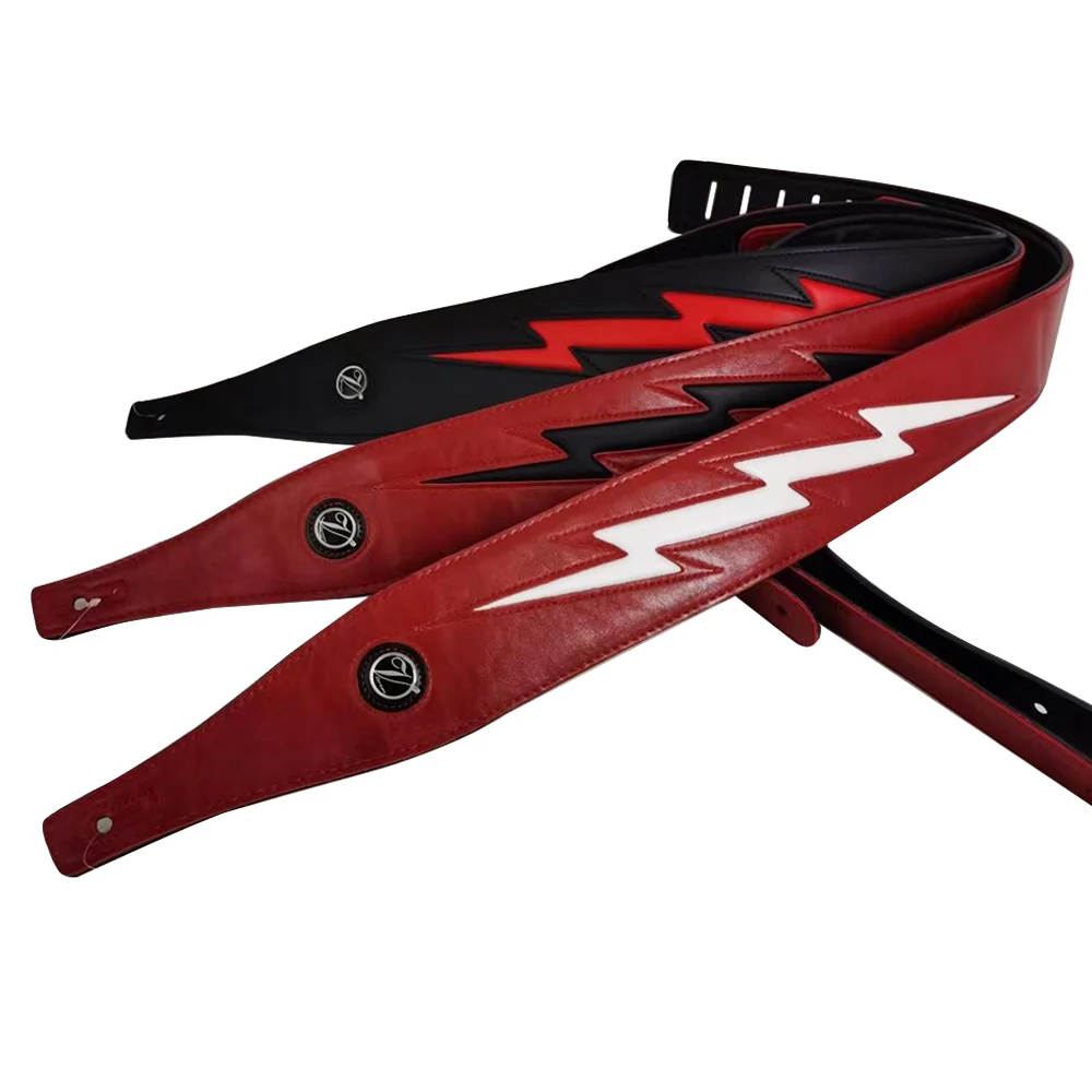 YUEKO Rot-Schwarz-Weiß-PU-Leder-Gitarrengurt, cooler Blitz, bequemer Gurt für akustische E-Bass, verstellbare Länge Image
