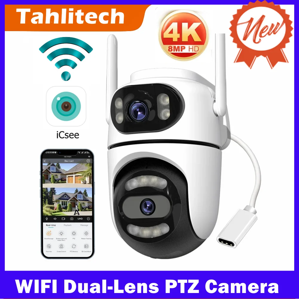 Telecamera PTZ WiFi 8MP 4K HD con APP iCsee, doppia lente, doppio schermo, videosorveglianza IP, tracciamento AI, sicurezza domestica per esterni, CCTV