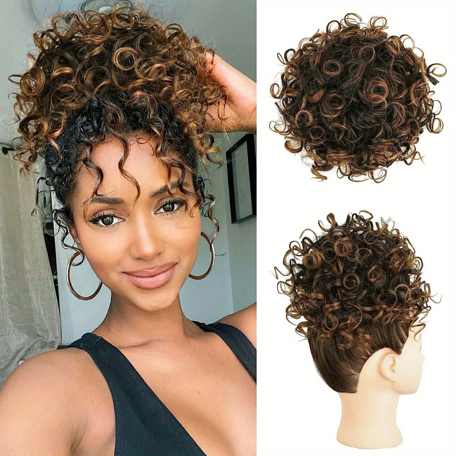 Parrucca sintetica da donna con chignon riccio, stile europeo e americano, con piccoli ricci disordinati, accessorio per capelli con coulisse.