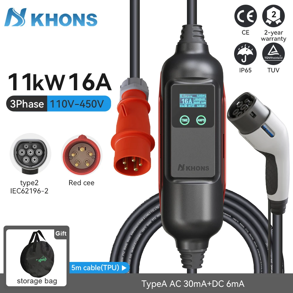 Khons Dreiphasiges 11kW Elektroauto Typ2 Tragbares Ladegerät EVSE Ladebox 16A CEE-Stecker Elektroauto-Ladegerät Wallbox Image