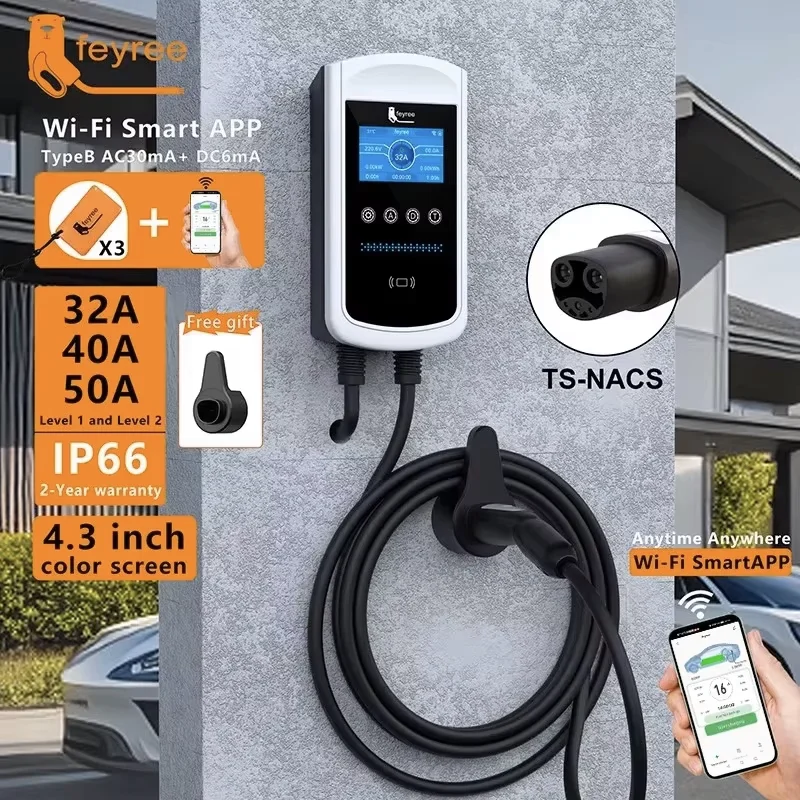 Feyree EV-Ladestation 32A 7KW TS-NACS Ladestecker für Tesla Autoladegerät EVSE Wallbox 9,6KW 12KW Schnelllade-APP-Steuerung Image