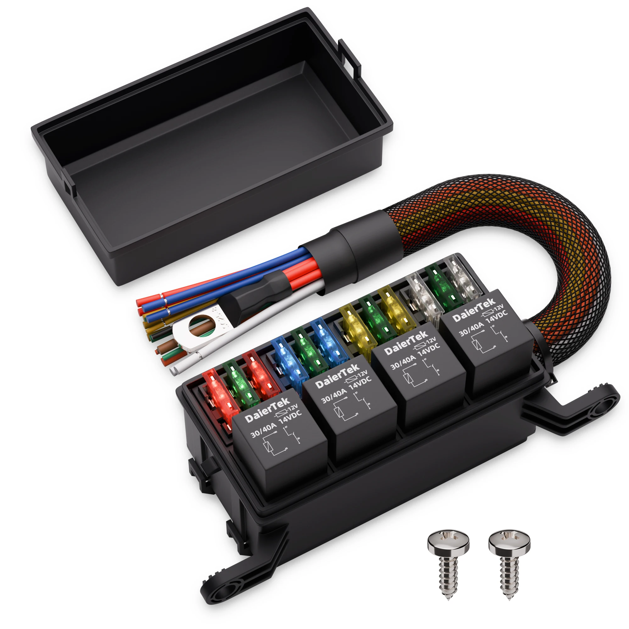 DaierTek 12V Relais-Sicherungskasten mit 12 ATO/ATC-Sicherungen und 4-Wege-Relaisblock mit vorverdrahtetem Kabelbaum für Marine, Automobil und PKW Image