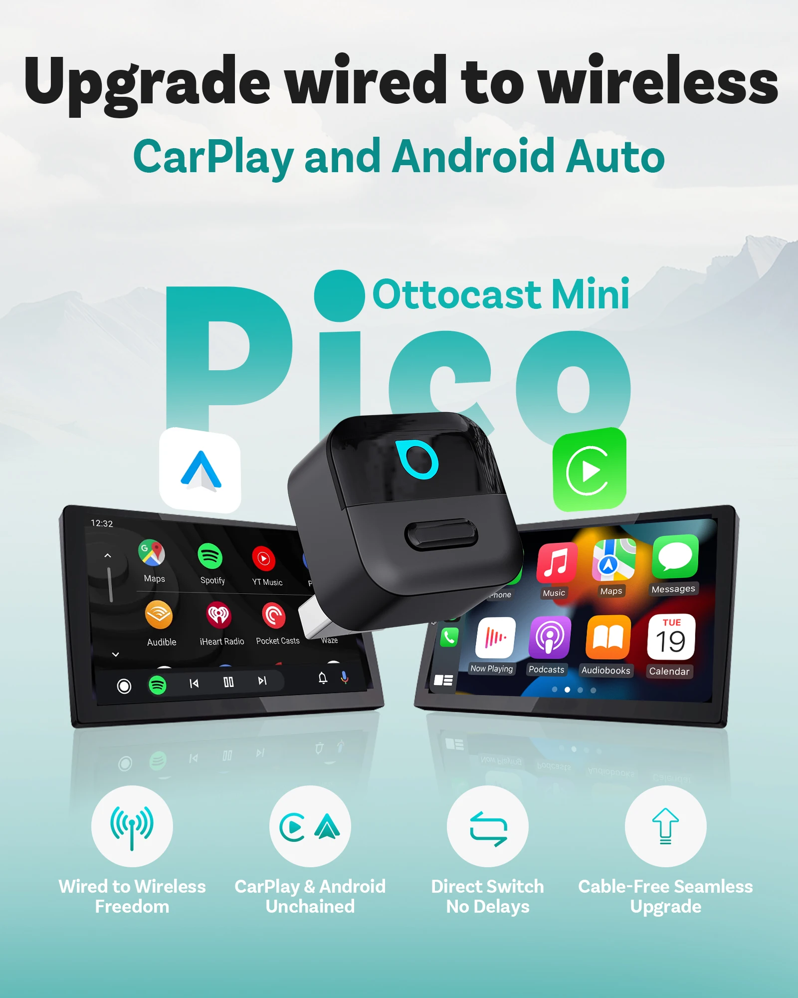 OTTOCAST Mini Pico 2in1 Wireless CarPlay Wireless Android Auto Adapter Wifi 6.0 Plug-and-Play-Dongle für 98% aller Autos Image