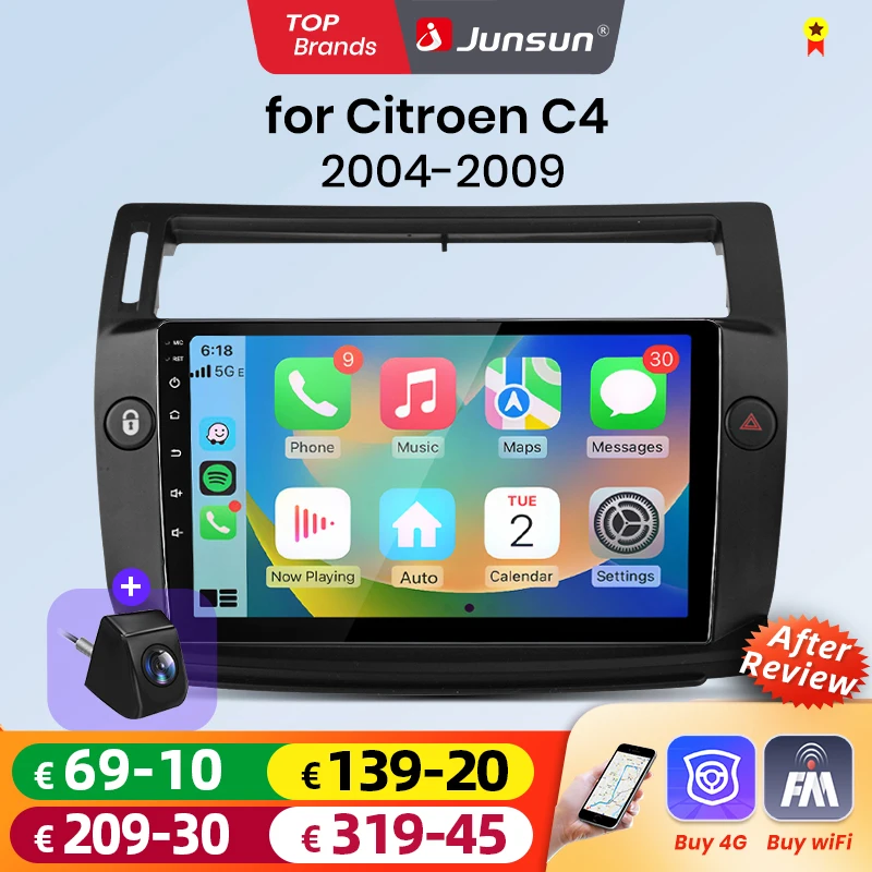 Junsun Android Auto Autoradio für Citroen C4 2004 2005 2006 2007 2008 2009 Multimedia Wireless Apple CarPlay Intelligente Systeme IPS Touchscreen Stereo Videoplayer 2 Din Autoradio Head Unit Navigation BT GPS 4G WIFI FM AM DSP RDS SWC Image