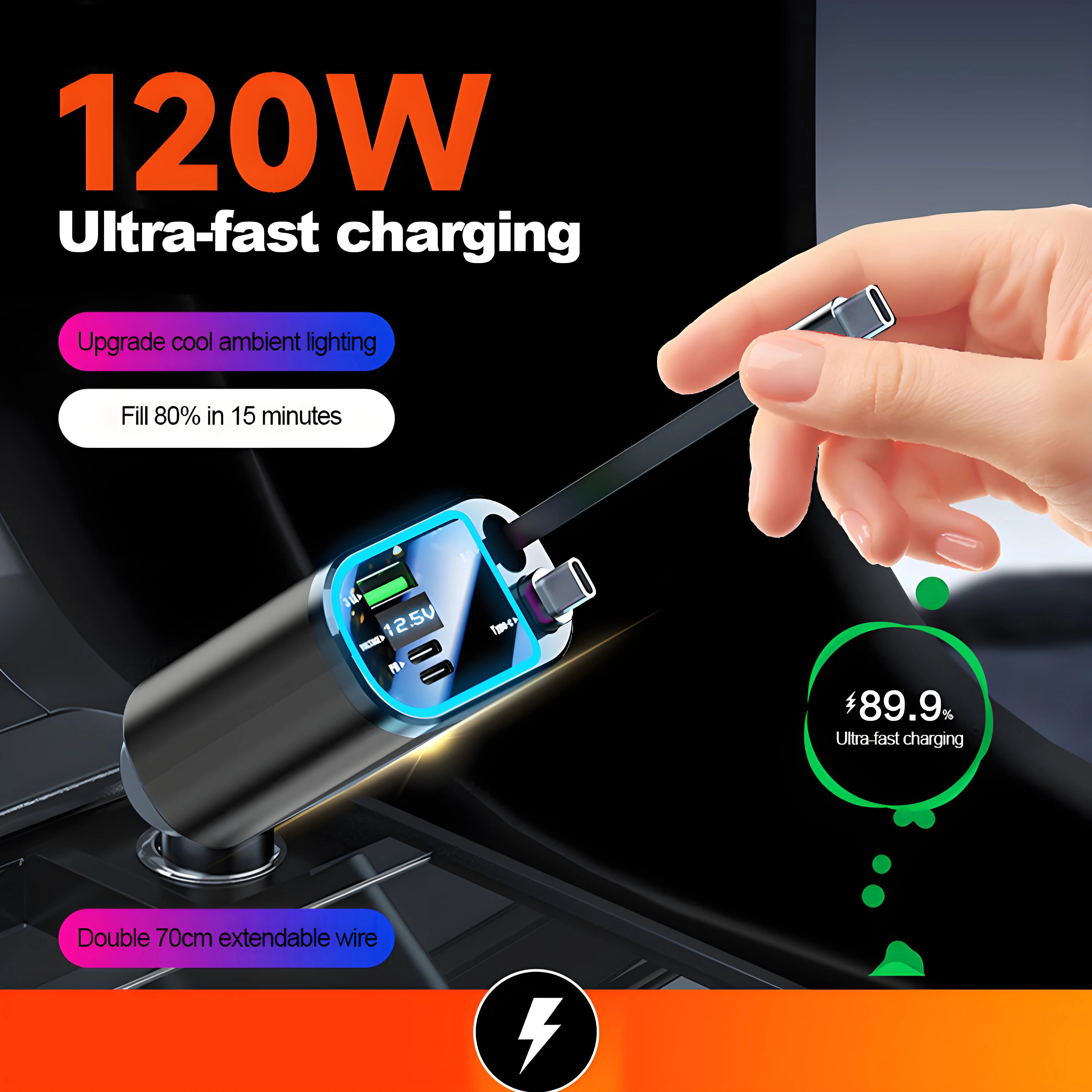 120 W einziehbares Autoladegerät mit Dach, Sternenlicht, USB-C-Kabel, Schnellladegerät, Zigarettenanzünder-Adapter für iPhone, Huawei, Samsung Image