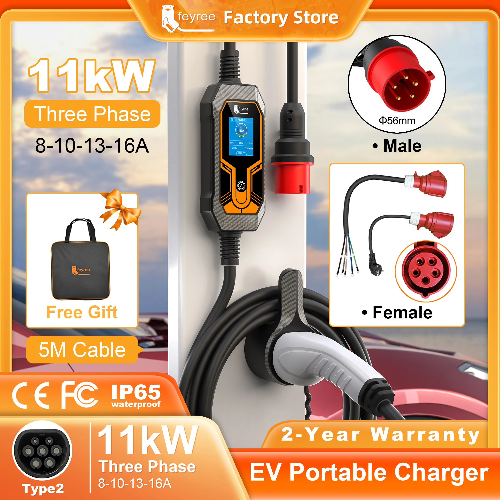 Feyree 11 kW 16 A 3-Phasen-EV-tragbares Ladegerät Typ 2 5 m Kabel EVSE Ladebox Elektroauto-Ladegerät CEE-Stecker für Elektrofahrzeuge Image