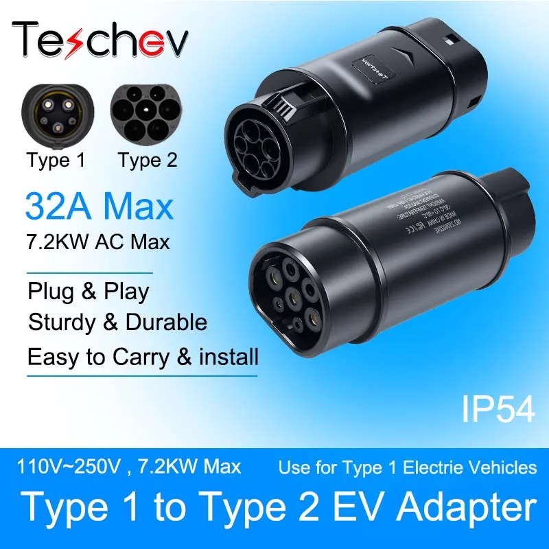 Teschev 32 A 7,2 kW EV-Ladegerät-Adapter für Typ 1 auf Typ 2, Aufladen für EV-Anschluss Typ 2 auf GBT 22 kW Konvektor