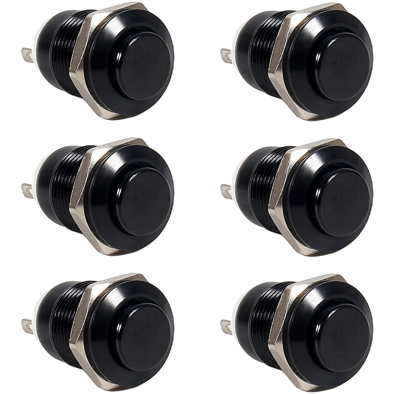 6 Stück 12 mm Momentan-Drucktastenschalter, hoher runder Kopf (EIN)-Aus, normalerweise offenes Gehäuse aus Aluminiumlegierung, 12 V, 24 V, 36 V, 110 V, wasserdicht Image