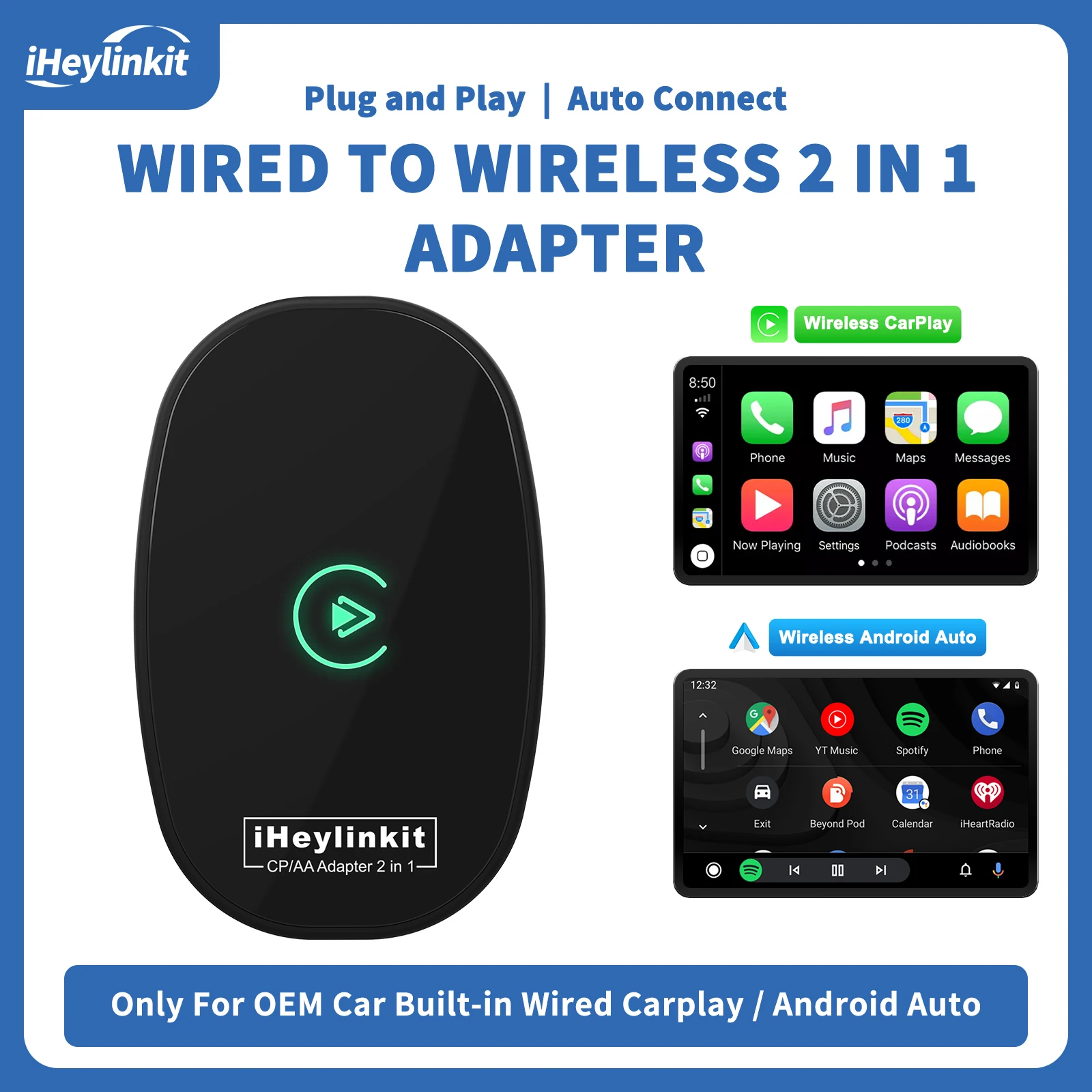 iHeylinkit 2-in-1 Kabelgebundener zu Kabelloser CarPlay Android Auto Adapter Smart Mini Box Plug-and-Play WLAN Schnellverbindung Auto-Zubehör Image