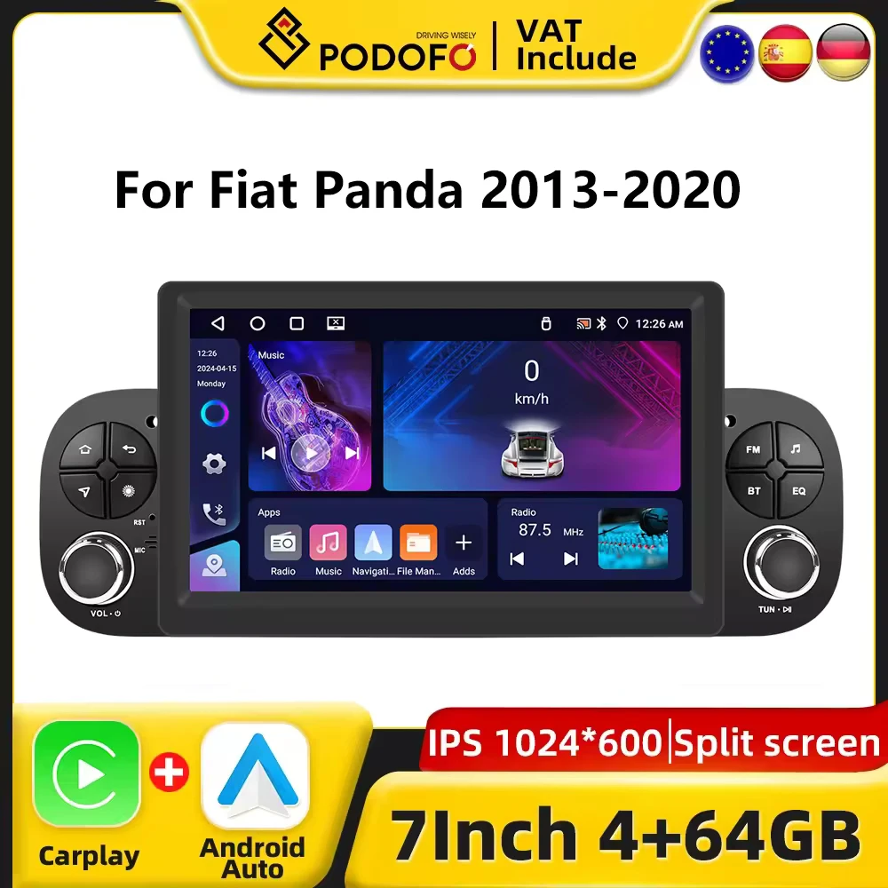 Podofo CarPlay Android Radio For Fiat Panda 2013-2020 Car Intelligent System 1din GPS Stereo Multimedia Player RDS FM Autoradio Image