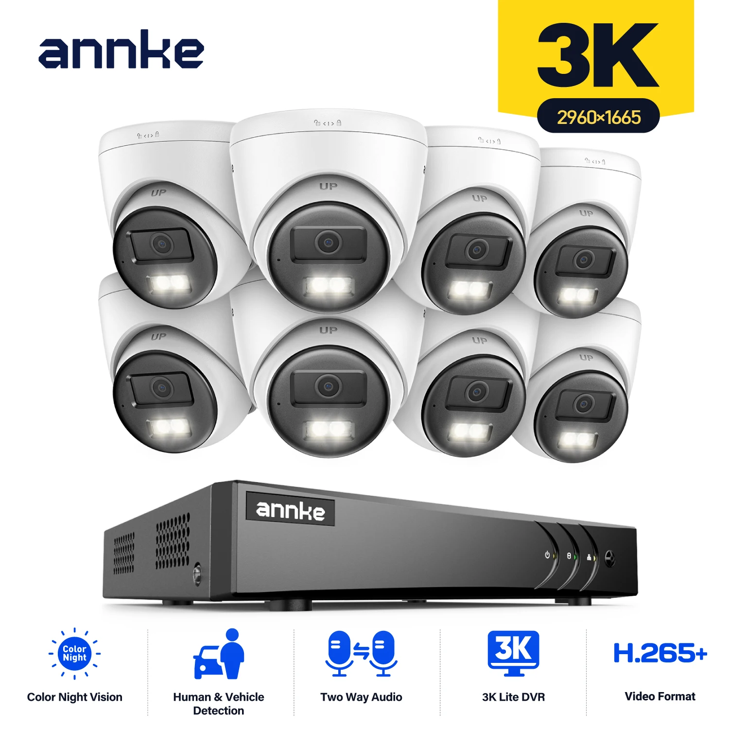 Sistemi di telecamere di sicurezza Annke 3K 5 in 1, DVR 8CH, telecamera dome 5MP per esterni, impermeabile, visione notturna a colori, kit sistema di telecamere CCTV.