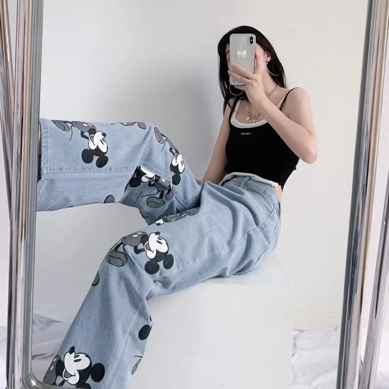 Pantaloni Y2K Moda Coreana Jeans Mickey Donna Primavera Estate Stampa Cartoon Larghi Gotici Coppia Pantaloni Lunghi Streetwear Donna