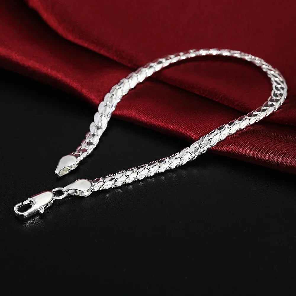 Bracelet en argent sterling 925, 6mm, 18-20cm, chaîne latérale plate, fermoir mousqueton, pour femme et homme, bijoux de fiançailles et de mariage