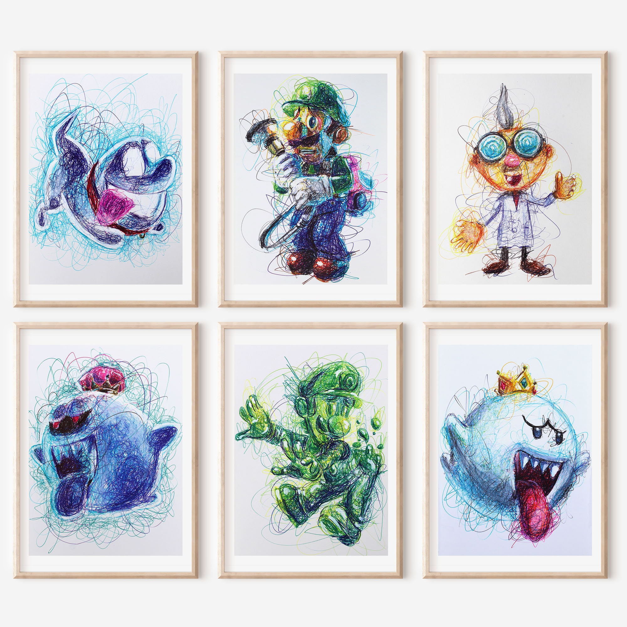 Set di stampe con penna a sfera di Luigi's Mansion, set da 6, arte di videogiochi, arte di Super Mario, stampa artistica di Nintendo, arte di Mario e