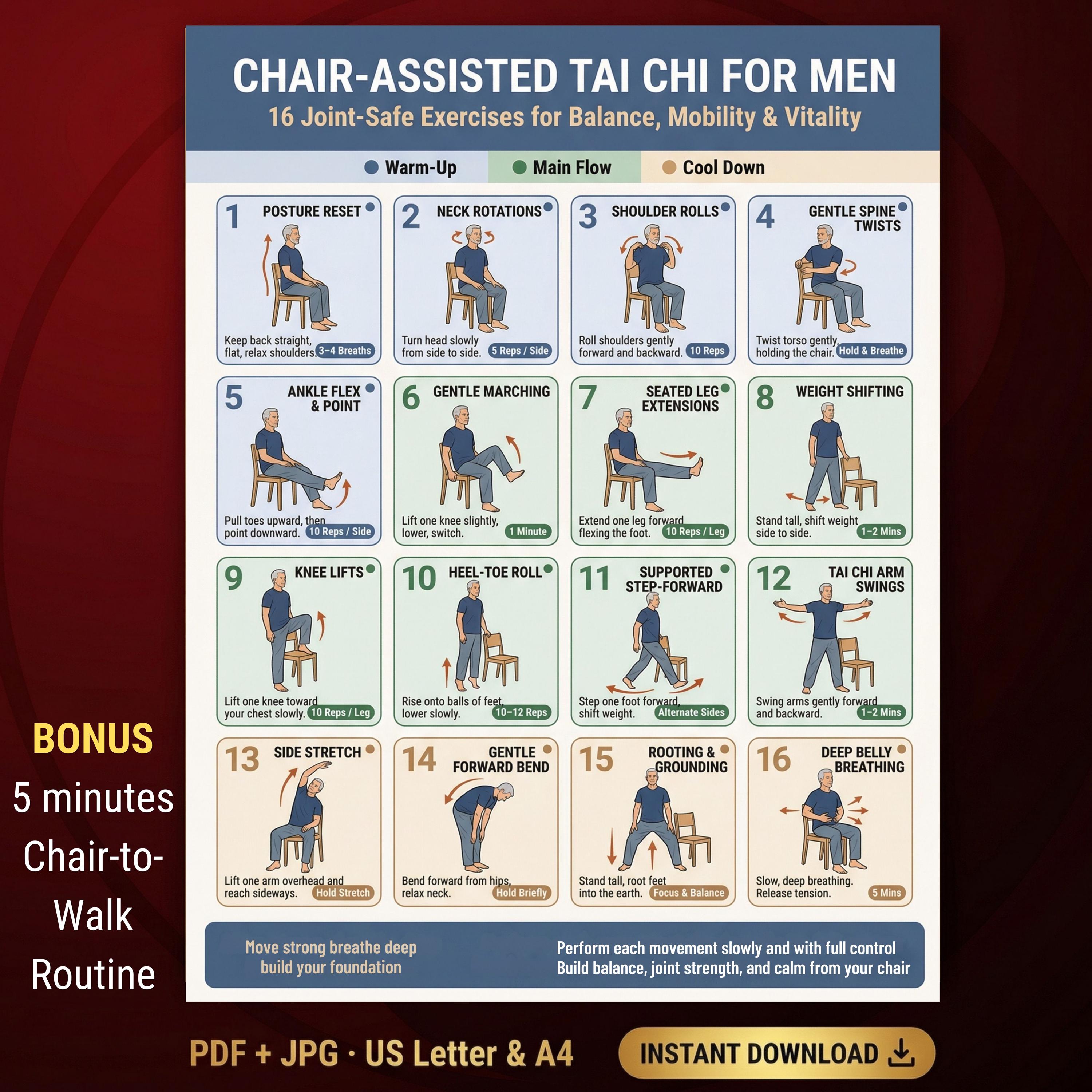 Esercizi di Tai Chi da seduti per uomini, tabella di esercizi da seduti stampabile in PDF, guida agli esercizi da seduti, esercizi dolci per anziani,