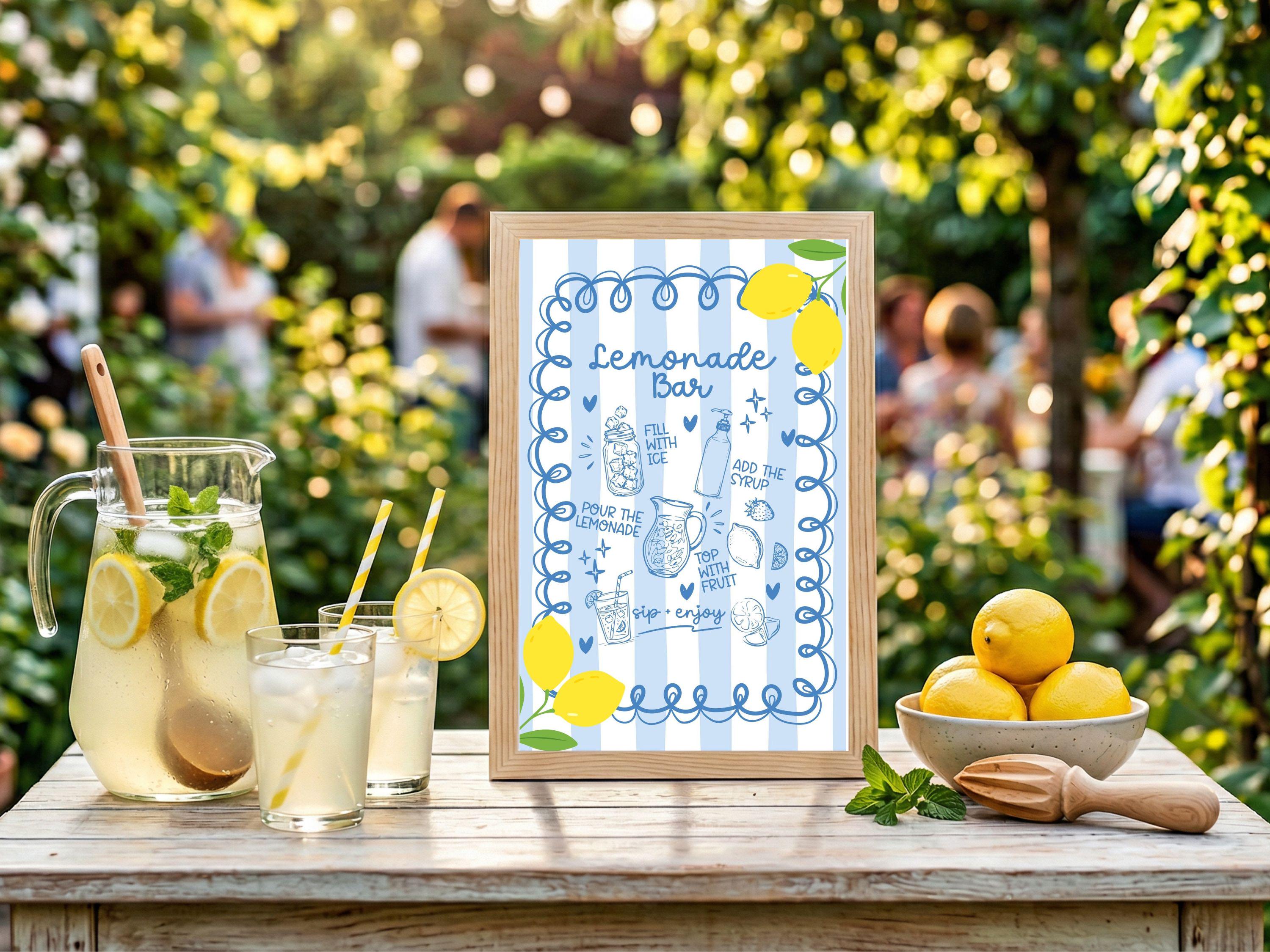 Modello di cartello per bar con limonata, cartello per stazione di bevande per baby shower al limone, cartello per festa con bancarella di limonata, d