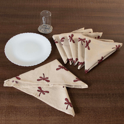 '6 Dragonfly-Patterned Hand-Block Printed Cotton Napkins'