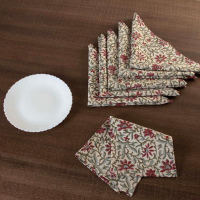 'Set of 6 Floral-Patterned Red and Green 100% Cotton Napkins'