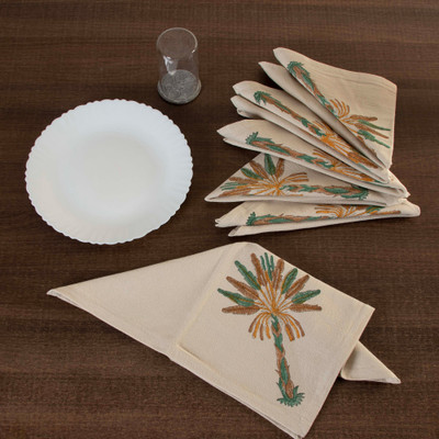 '6 Cotton Napkins with Hand-Block Printed Palm Tree Designs'