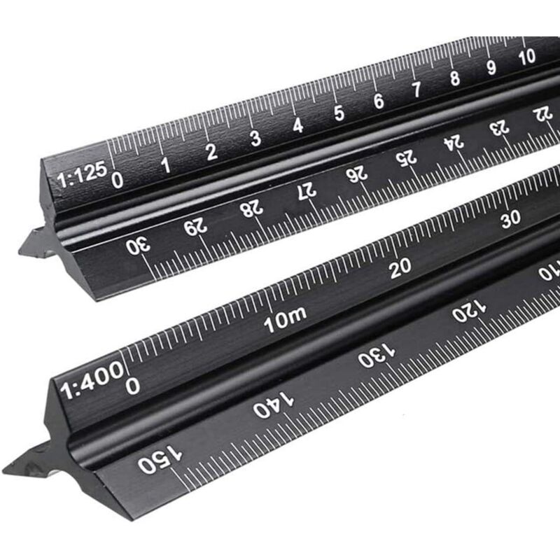 Set Di 2 Righelli Triangolari In Alluminio Con Scala Di Riduzione Per Architetti E Ingegneri: 1:20, 1:25, 1:50, 1:75, 1:100, 1:125 / 1:100, 1:200, 1:250, 1:300, 1:400, 1:500