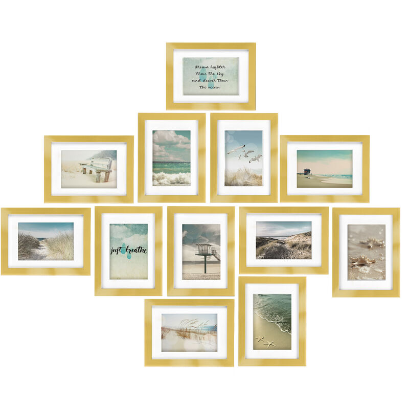 Set Di 12 Cornici Per Foto Ocean - Cornici Foto Collage - Collage Portafoto - Cornici In Legno - Portafoto E Portaimmagini 12x 13x18cm Oro - Bomoe