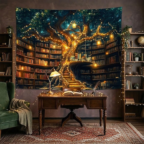 Wandteppich mit magischem Baummotiv, Bibliotheksmotiv, antikem Baumhaus-Bücherregal, Wandbehang mit Wendeltreppe, warmem Licht, großes Stoffposter für Leseecke, Schlafzimmer oder Arbeitszimmer Image