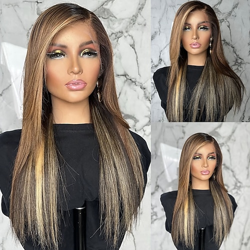 Echthaar 5x5 Verschluss 13x4 Spitzenfront Perücke Freier Scheitel Brasilianisches Haar Glatt Blond Braun Mehrfarbig Perücke 150% 180% Haardichte mit Babyhaaren Ombre-Haar Hervorgehobenes Image