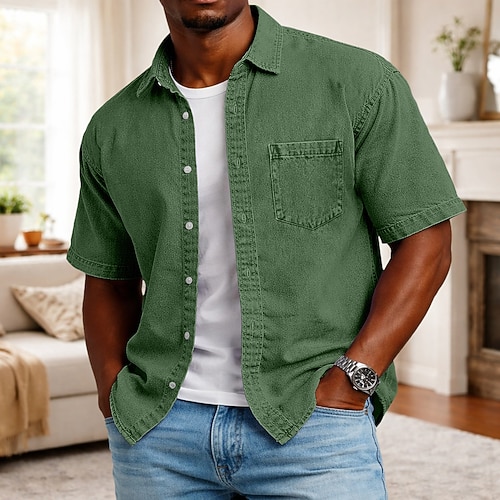 Herren Hemd Freizeithemd Knopfhemd Hemd aus 100 % Baumwolle in Säurewaschung Schwarz Hellgrün Rosa Dunkelgrün Purpur Kurzarm Einfach Hemdkragen Lässig Täglich Patchwork Bekleidung Elegant Mode Lässig Image