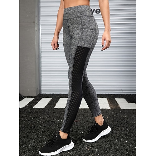Damen Pilates-Hosen Yogahose Fitness-Leggings Seitentaschen Netz Rüschen-PO-Lifting Fitnesstraining Laufen Fitness Leggings Einfarbig Herz Schwarz Rosa Marinenblau Sport Sportkleidung Dehnbar Enge Image
