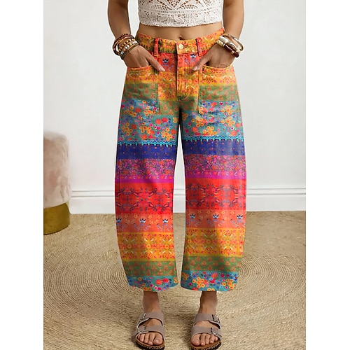Damen Weites Bein Chinos Abgeschnittene Hose Urlaub Vintage Lässig Knöchellang Hohe Taille Blumen Grafik Druck Bequem Komfort Atmungsaktivität Unelastisch Täglich Outdoor Straße Blau Gelb Orange Image