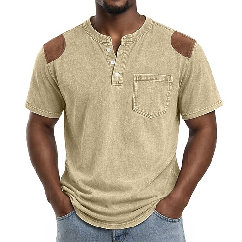 Herren Henley Hemd Hemd aus 100 % Baumwolle in Säurewaschung Kurzarm Einfach Einheitliche Farbe Retro Vintage Lässig Vintage-Stil Stückgefärbt Verblasst Henley Lässig Sommer Frühling Herbst Schwarz Image