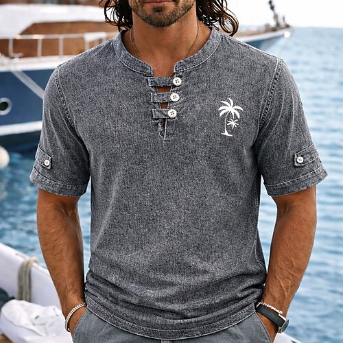 Herren Poloshirts Hemd aus 100 % Baumwolle in Säurewaschung Lässig Ferien Kragenlos Kurzarm Mode Basic Palme Knöpfe Jahrgang Sommer Frühling Blau Rote Purpur Grün Grau Poloshirts Image