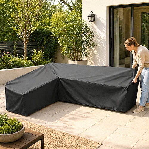 L-förmige Gartenmöbelabdeckungen, wasserdichte und staubdichte Schutzhülle für Terrassenmöbel, Essgruppen, Sofas und Rasenflächen im Winter (215 x 215 x 87 cm, schwarz)