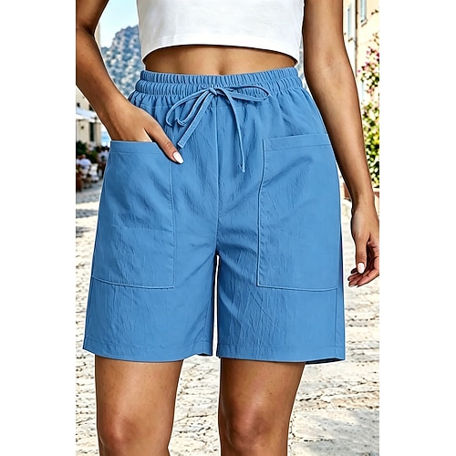 Damen Bermudashorts Cargo-Shorts Chinos Shorts Urlaub Basic Komfort Kurz Hohe Taille Einfach Kordelzug Komfort Unelastisch Täglich Alltagstauglich Blau Karminrot Armee-Grün Aprikose Sommer Frühling Image