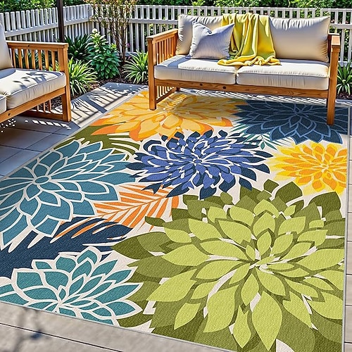 Outdoor-Teppich 5x8ft wasserdicht mehrfarbiger Indoor-Teppich waschbar Outdoor-Terrassenteppich tropisches Blumenmuster rutschfester Outdoor-Teppich für Wohnzimmer, Pool, Garten, Terrasse, Camping. Image