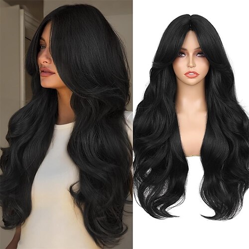 Lange, gewellte Perücke, 66 cm (26 Zoll), Curtain Bangs, realistischer Haaransatz, synthetische lange schwarze Perücke mit Pony, natürlich gewellte Perücke für schwarze Frauen, für den täglichen Image