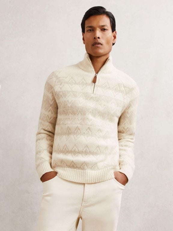 Winter & Oatmeal Wool-Blend Fair Isle Half-Zip Jumper - Natural - Reiss Knitwear