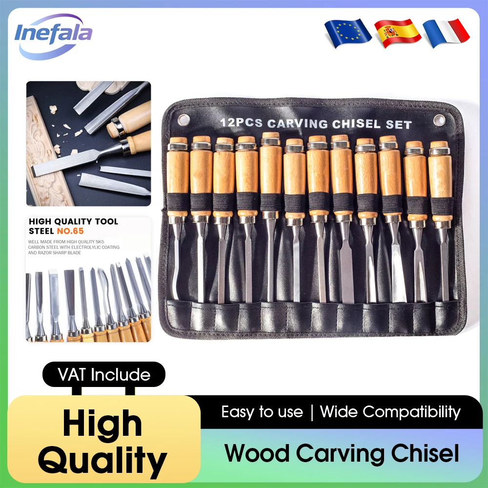 Podofo Set di 12 Utensili Affilati per Lavorazione del Legno, Adatti per Principianti, Hobbisti e Professionisti, Set di Scalpelli per Intaglio del Legno con Custodia per il Trasporto