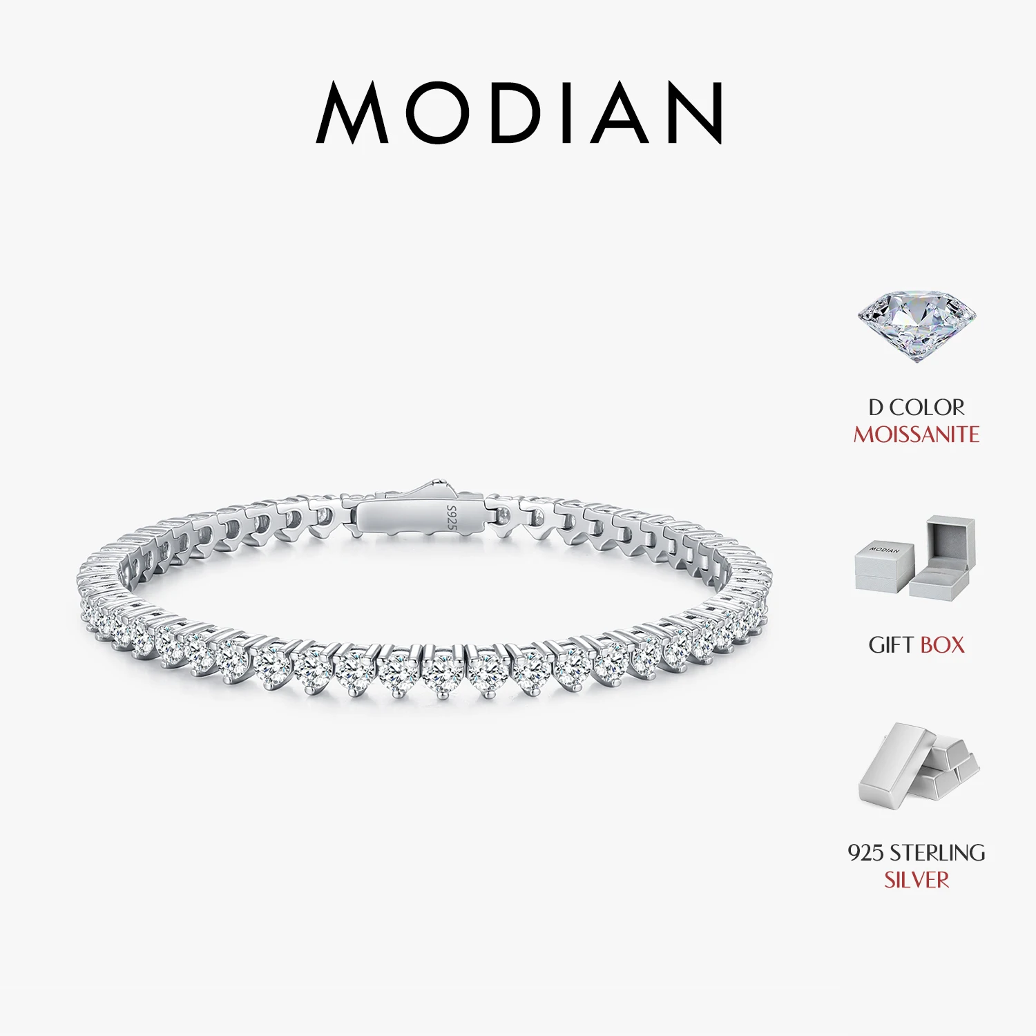 Bracciale Tennis MODIAN D VVS1 con Moissanite Rotonda 3.0MM in Argento Sterling 925, Bracciali Tennis Impilabili per Donna e Uomo, Gioielli Regalo