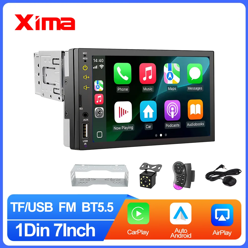 Autoradio multimédia 1 Din pour voiture, écran tactile 7 pouces, Carplay, autoradio stéréo vidéo universel 1 Din, autoradio audio MP5