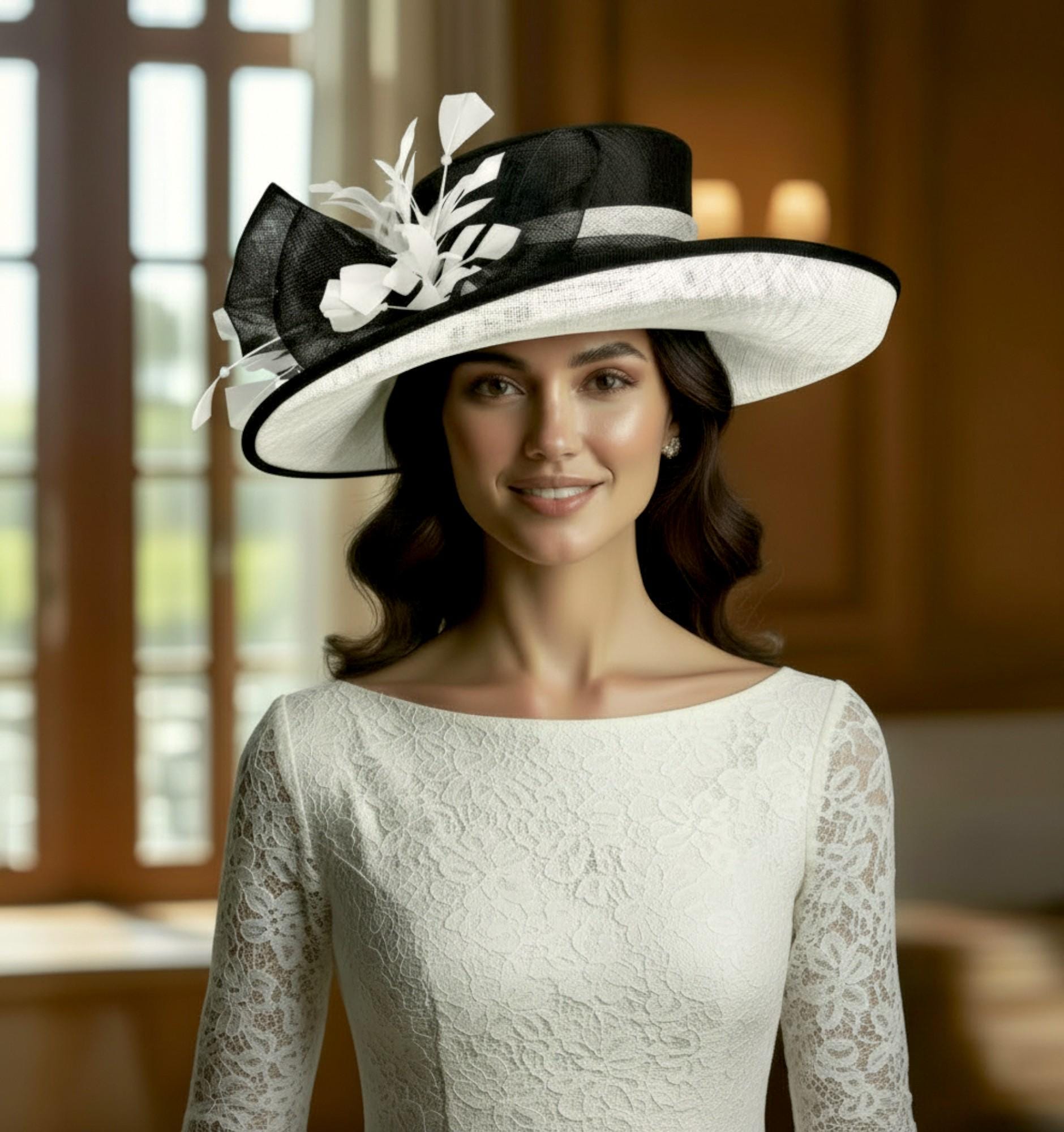 M4003 (Bianco/Nero) Cappello Kentucky Derby, Cappello da chiesa, Cappello da matrimonio, Cappello pasquale, Cappello da madre della sposa, Cappello As