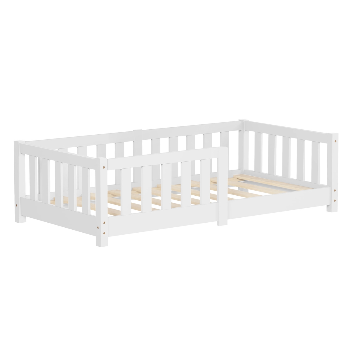 ML-Design Kinderbett 70x140 Weiß, Bodenbett aus Kiefernholz mit Lattenrost & Rausfallschutz, Holzbett Babybett Einzelbett Image