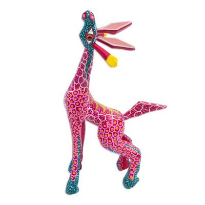 Stargazing Giraffe in Red,'Wood Hand Painted Giraffe Alebrije Finely Painted in Red'