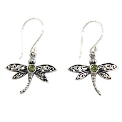 'Enchanted Dragonfly' - Sterling Silver and Peridot Dangle Earrings